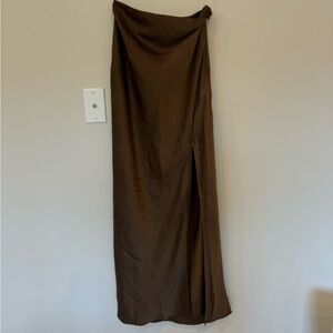 Brown satin Meshki skirt with slit